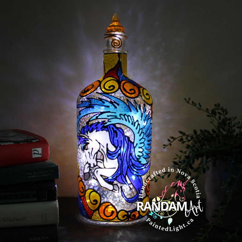 White pegasus with blue wings hand painted bottle light by Randam Art