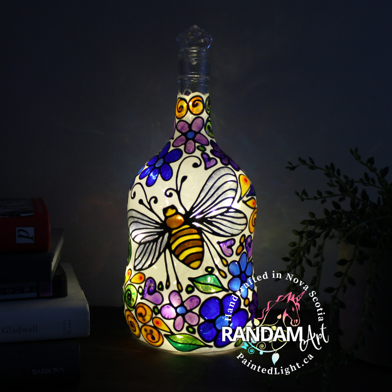 Hand painted bottle with fairy lights Bee design
