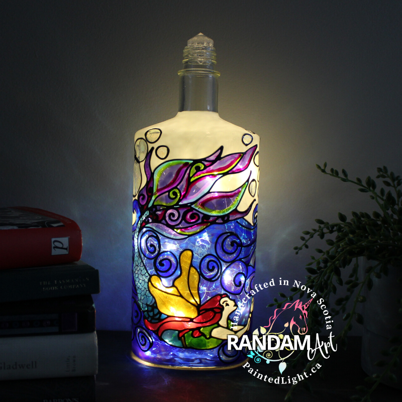Ocean Swimming Mermaid One of a kind Hand painted bottle light. Accent lamp. Night light.