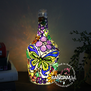 Butterfly Blue and Green with Flowers Hand Painted Bottle Light