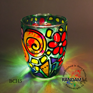 Hand painted candle holder in colourful abstract style by Randam Art.