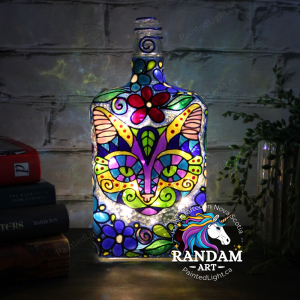 Cat Face and Flowers hand painted art bottle light by Randam Art