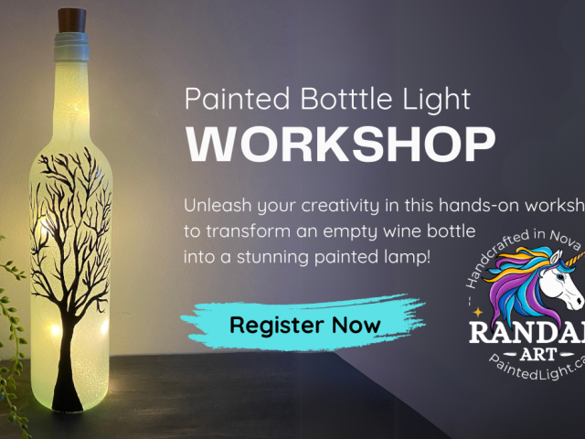 Workshop. Paint a frosted tree silhouette on a 750 ml wine bottle to create a beautiful bottle lamp.